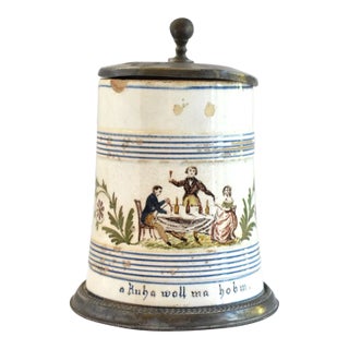Antique Early 19th-Century German Pewter-Mounted Faience Tankard For Sale