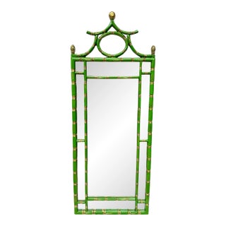 Chic Vintage Palm Beach Regency Pagoda Style Faux Bamboo Full Length Wall Mirror - Newly Painted Green and Gold Chinoiserie Decor For Sale