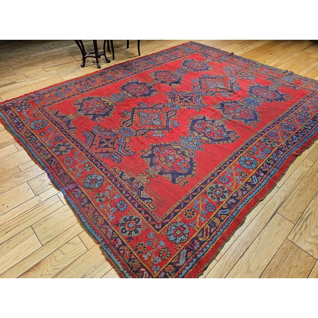 Vintage Turkish Oushak Hand-Knotted Rug, Red Geometric Design, 1900s For Sale - Image 10 of 12