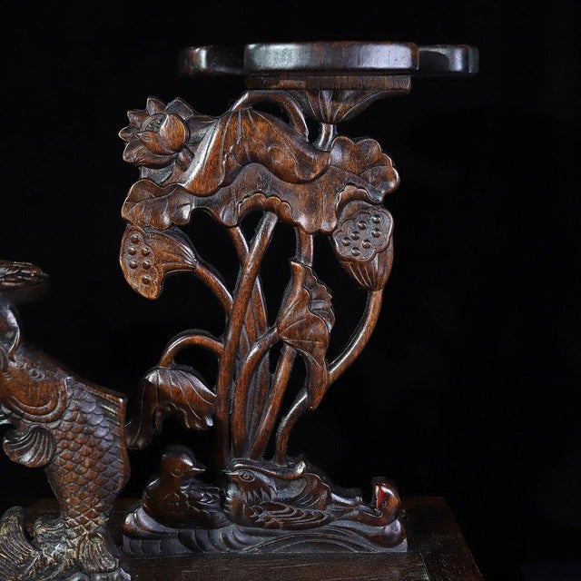 Huali Rosewood Carved Display Stand With Fish & Lotus Motif For Sale - Image 9 of 9