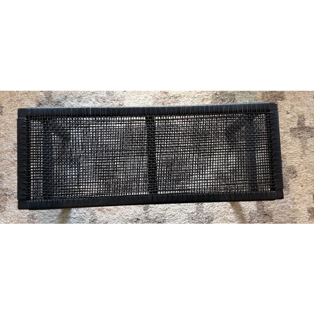 Mid-Century Modern Cb2 Small Black Leather Woven Bench, Modern Matte Black Wood Frame For Sale - Image 3 of 11