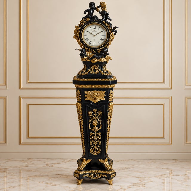 Make a dramatic statement with this grand French-inspired pedestal clock, featuring a striking black finish enhanced by...