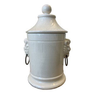 Vintage Italian Rustic Ceramic Ginger Jar With Lid and Lionheads For Sale