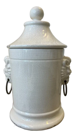 Vintage Italian Rustic Ceramic Ginger Jar With Lid and Lionheads