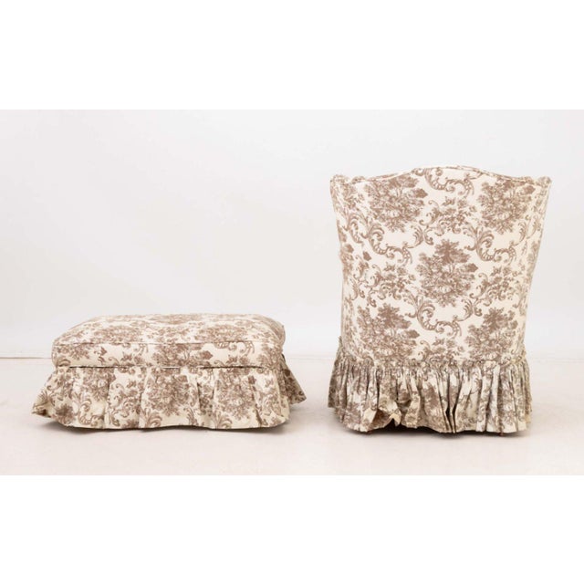 Linen Upholstered Wingback Chair and Ottoman For Sale - Image 10 of 11