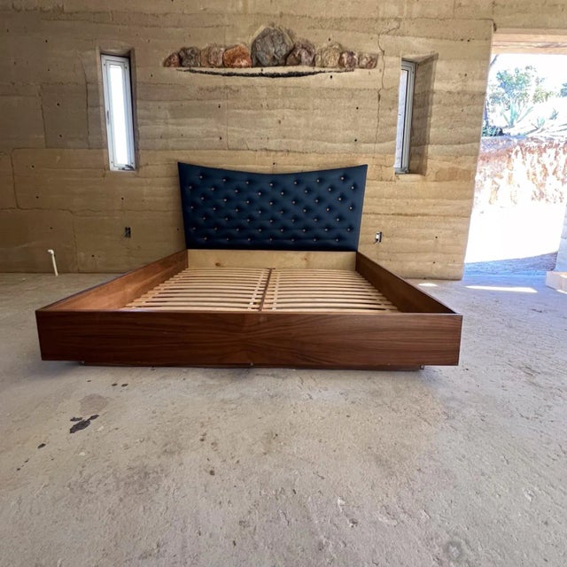 AMBIANIC presents Vintage Blue Queen Platform Bed Upholstered Button Headboard 41 h x 66.25 w Bed 62.38 x 81.5 d Frame is...