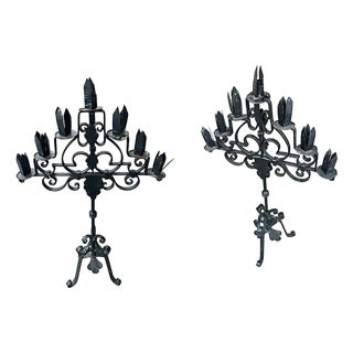 Spanish Vintage Iron 34" Tall Standing Candelabra - A Pair For Sale