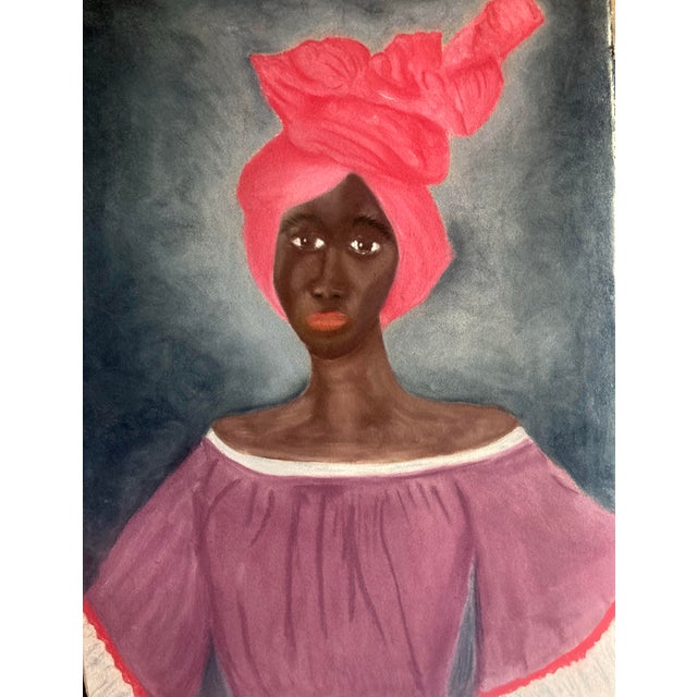 "Purple Dress" Original Folk Art Pastel Portrait Painting For Sale
