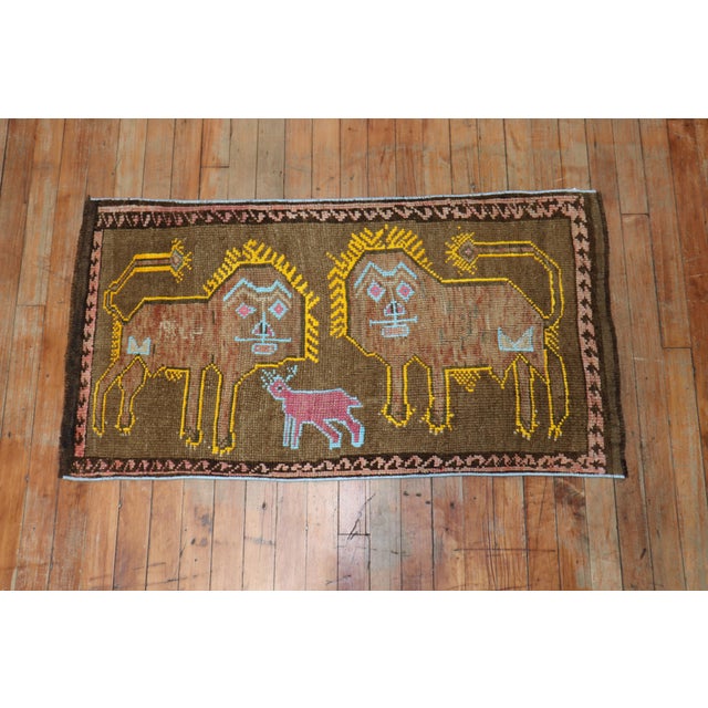 Folk Art Fun Pictorial Lion Sheep Vintage Turkish Rug - 1'10" x 3'4" For Sale - Image 3 of 6