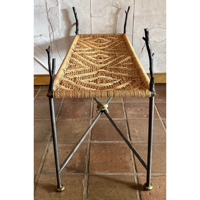 Contemporary Vintage 1980’s Organic Modern Geometric Woven Rope Bench, Hand Crafted Bronze Tone Twig Legs/Stretchers Accented With Gold, Nod to Audoux-Minet For Sale - Image 3 of 12
