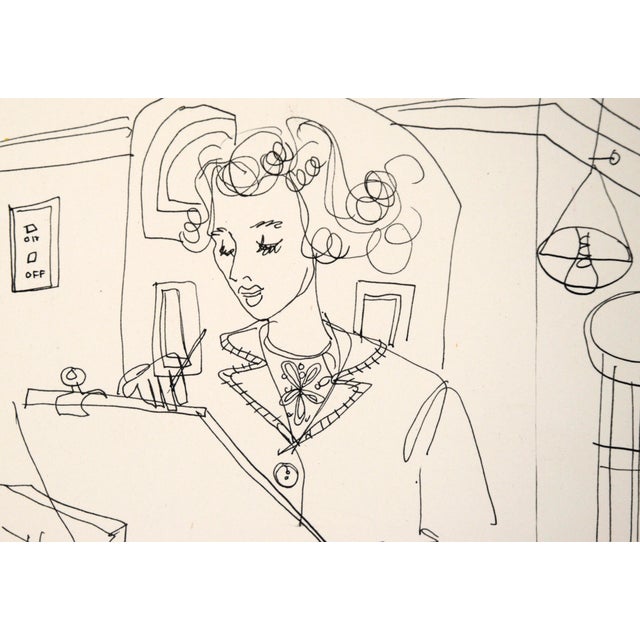 1990s The Artist at Her Easel - Figurative Drawing in Pen on Paper For Sale - Image 5 of 8