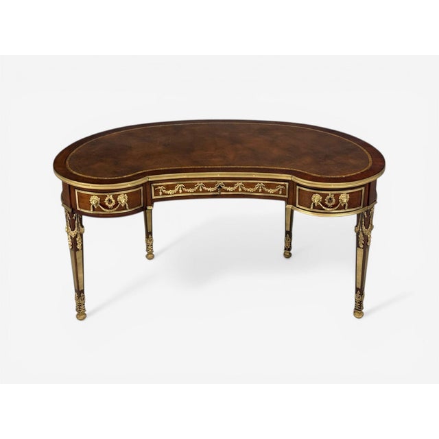 French Guillaume Grohé, Kidney Shaped Desk and Chair, Leather, Bronze, France, 19th C. For Sale - Image 3 of 18