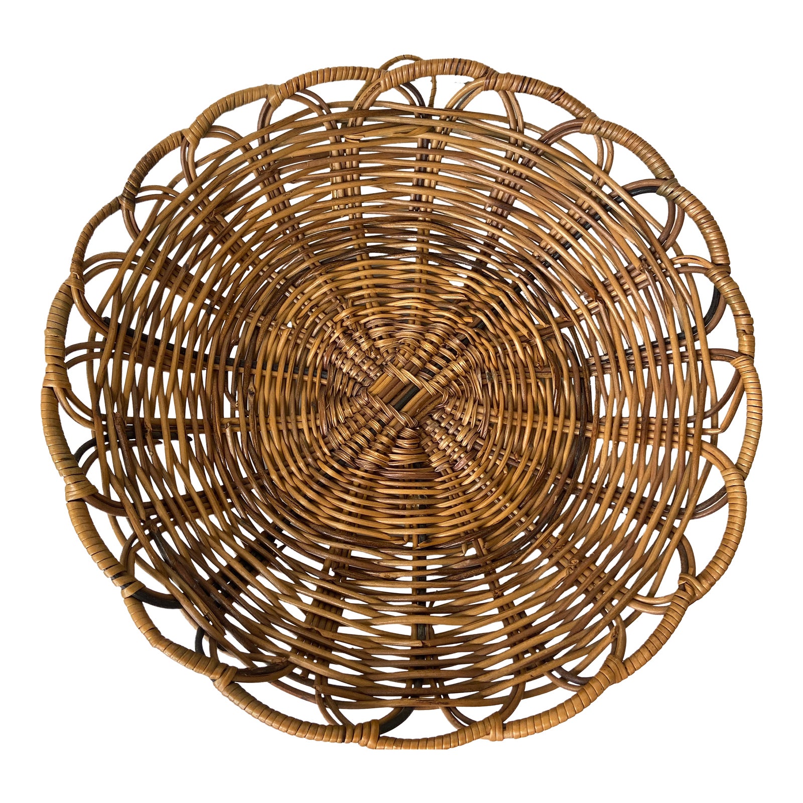 Mid 20th Century Vintage Handwoven Rattan Loop or Scallop Rim Basket ...