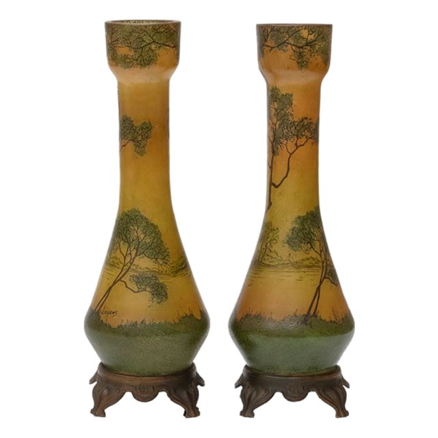 Large Art Nouveau Scenic Glass Vases by François-Théodore Legras, 1890s, Set of 2 For Sale