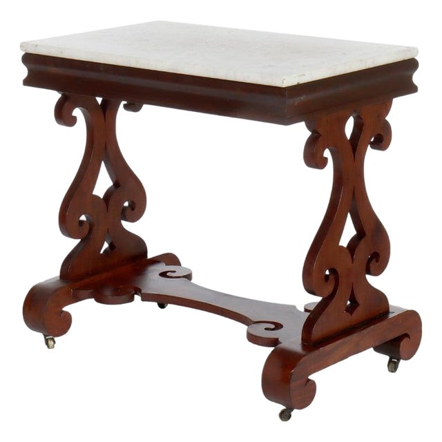 Antique Quervelle School Classical Flame Mahogany Marble Top Trestle Table C1840 For Sale