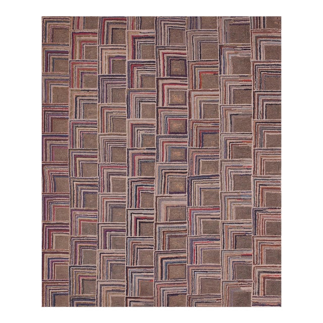1920s Multibrown Geometric Folk Art American Hooked Rug 4'8" X 5'6" Handknotted Wool Carpet For Sale