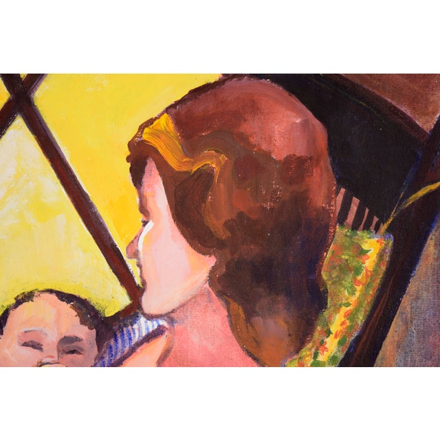 "Madam Suburbia" (Woman and Baby by the Yellow Window) in Oil on Canvas An auburn-haired woman sits in a chair with her...