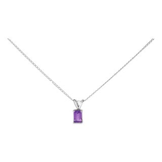 14K White Gold 6x4MM Emerald Cut Purple Amethyst Solitaire Pendant Necklace For Sale