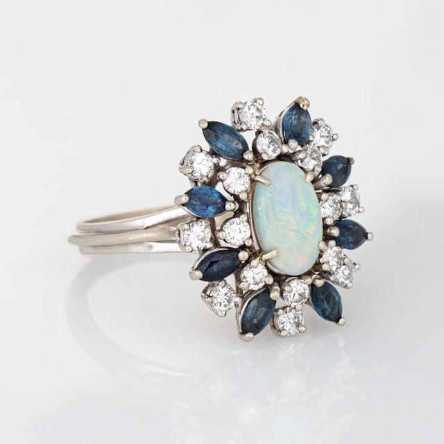 Mid-Century Modern 60s Opal Sapphire Diamond Ring 14k White Gold Estate Fine Cocktail Jewelry, Size 10.25 For Sale - Image 3 of 7