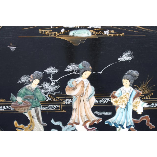 Chinoiserie 1940s Asian Chinoiserie Hand Crafted Black Lacquered and Painted Wall Art For Sale - Image 3 of 8