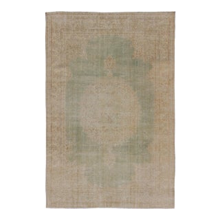 Distressed Turkish Rug With Floral Medallion in Light Green, Tan and Taupe For Sale
