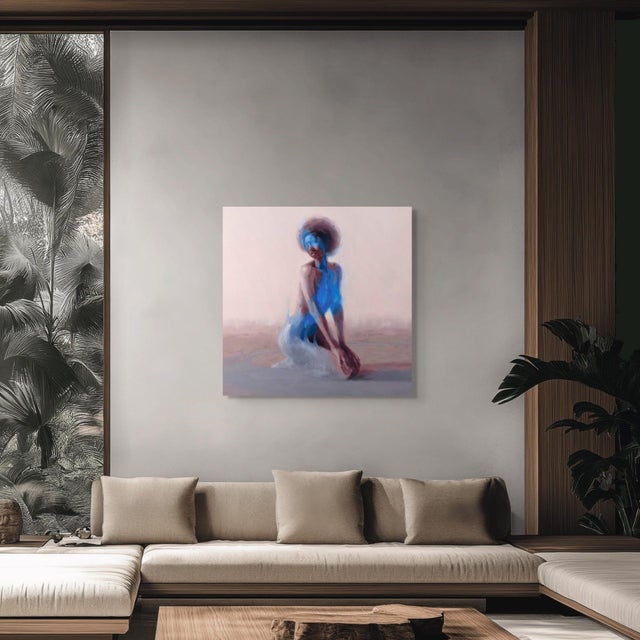 Contemporary Searching by Josh Sorrell | Oil on panel figure of a woman in blue tones sitting gracefully For Sale - Image 3 of 5