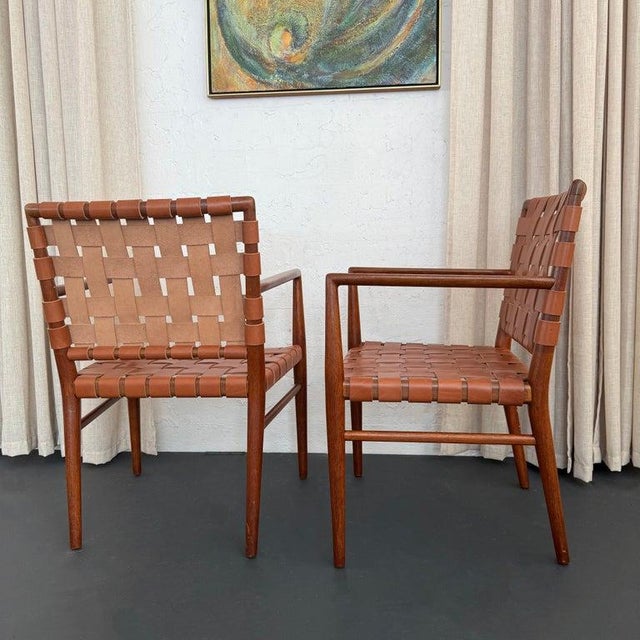 Wood Mid-Century Modern Woven Leather Mahogany Dining Armchairs For Sale - Image 7 of 11