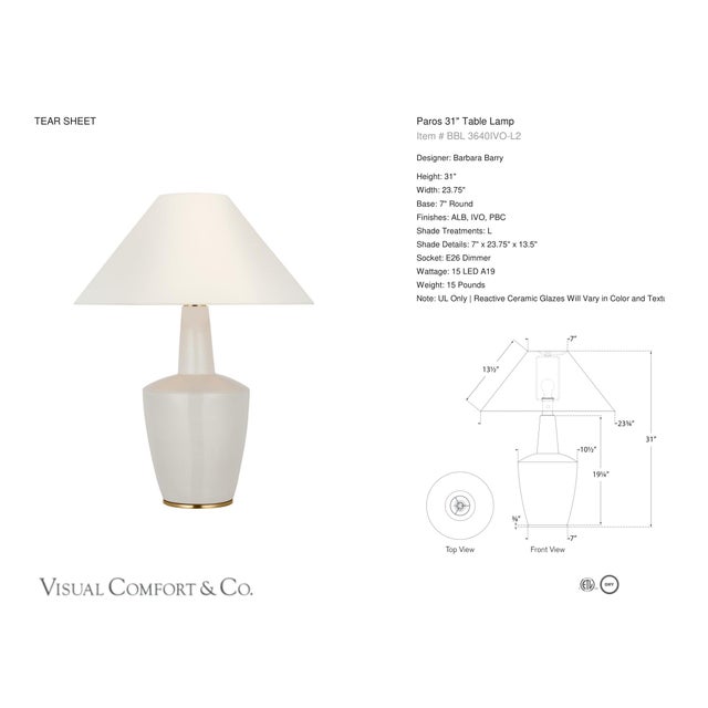 Barbara Barry by Visual Comfort Signature Paros 31" Table Lamp in Ivory with Linen Flare Shade Designer: Barbara Barry...