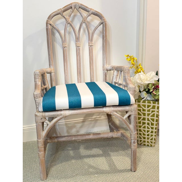 Alabaster 4 Refurbished Henry Link Cathedral Rattan Bamboo Arm Chairs. Professionally Upholstered in Teal and White Striped Sunbrella Outdoor Fabric For Sale - Image 8 of 12