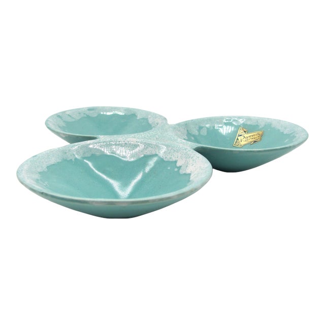 1950s Belle Kogan for Roseville Pottery Keynote Turquoise Blue Tidbit Tray Sputnick Atomic Space Age For Sale