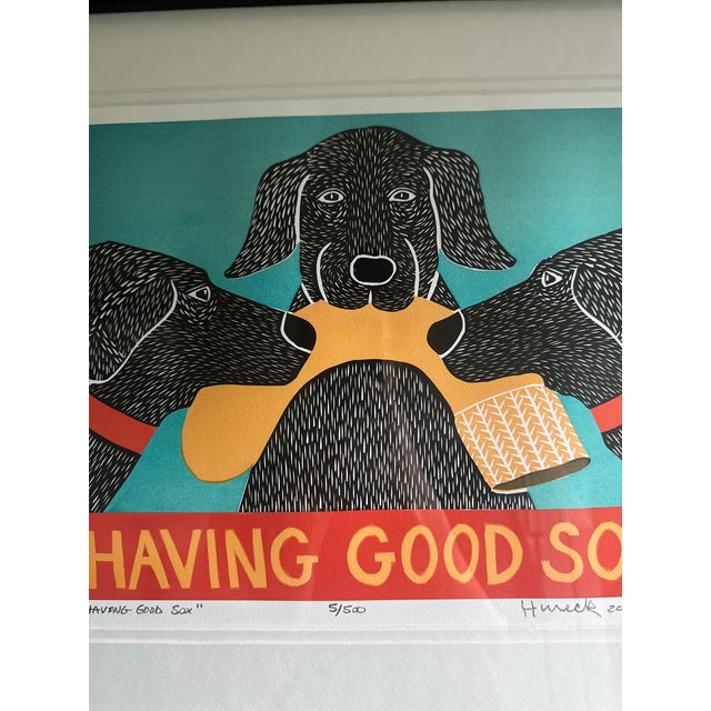 Stephen Huneck Signed Limited Edition Lithograph "Having Good Sox", 2005 (Framed) For Sale - Image 4 of 8