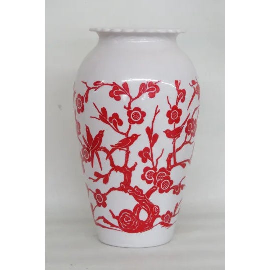 Anchor Hocking Red Birds Cherry Blossoms Flower Milk Glass Vase For Sale - Image 11 of 11