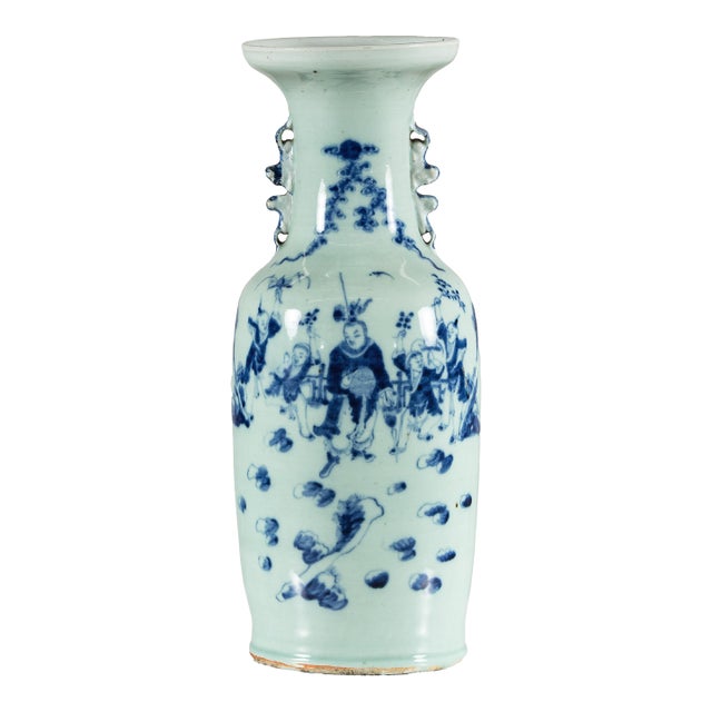 Antique Chinese Blue and White Vase with Figural Scene and Celadon-Toned Glaze For Sale