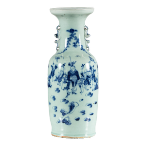 Antique Chinese Blue and White Vase with Figural Scene and Celadon-Toned Glaze
