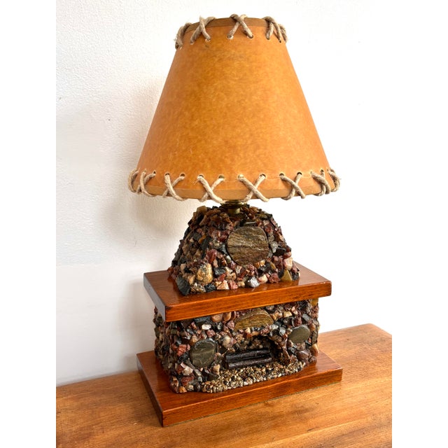Brown 1940s Rustic Stone Fireplace Lamp Plus Night Light With Shade For Sale - Image 8 of 12