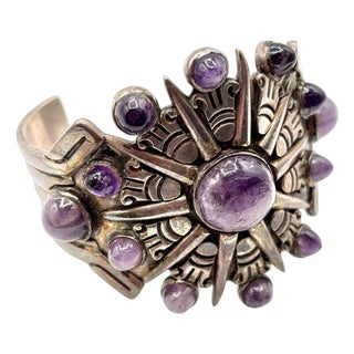 1940's Taxco William Spratling Silver With Amethyst Sun Motif Cuff Bracelet For Sale