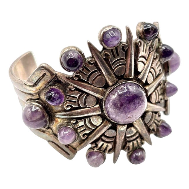 1940's Taxco William Spratling Silver With Amethyst Sun Motif Cuff Bracelet For Sale