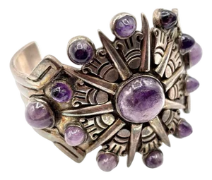 1940's Taxco William Spratling Silver With Amethyst Sun Motif Cuff Bracelet