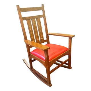 Stickley Rocking Chair Harvey Ellis Collection Mission Arts & Crafts Inlaid Cherry Wood and Leather For Sale