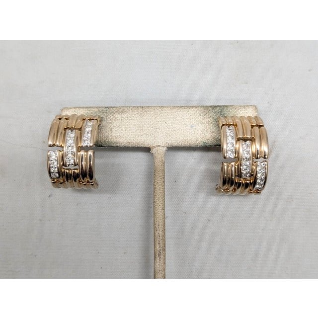 American Vintage 1980s Signed Panetta Goldtone & Clear Rhinestone Half Hoop Pierced Earrings-2 Pieces For Sale - Image 3 of 6