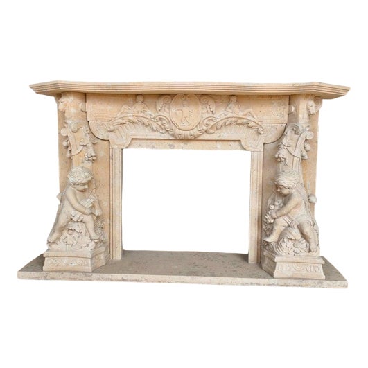 Hand-Carved Fireplace Mantle with Cherubs and Shield Cartouch For Sale