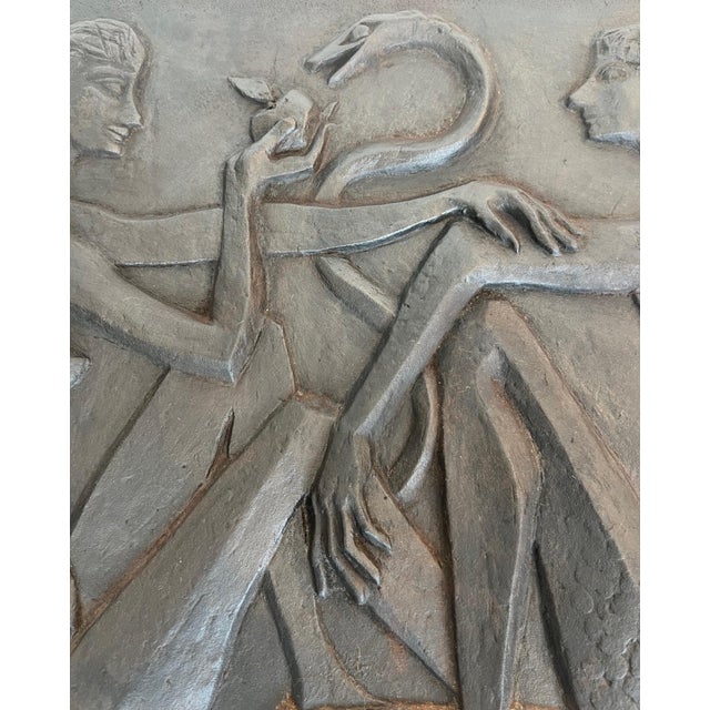 Gray Modernist fireback depicting Adam and Eve, the apple and the serpent For Sale - Image 8 of 12