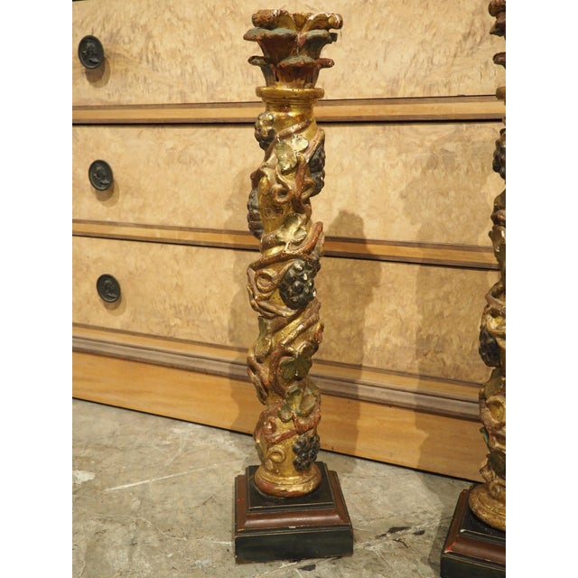 17th Century Pair of 17th Century Italian Giltwood and Polychrome Grape Leaf Table Columns For Sale - Image 5 of 18