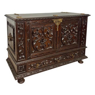 1930s Spanish Carved Blanket Chest, Renaissance Revival Style For Sale