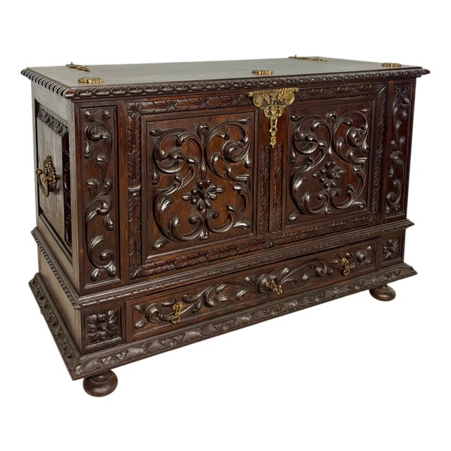 1930s Spanish Carved Blanket Chest, Renaissance Revival Style For Sale