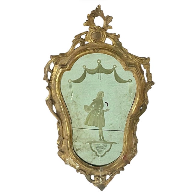 Gold Pair of 18th Century Venetian Giltwood Rococo Etched Glass Mirrors For Sale - Image 8 of 13