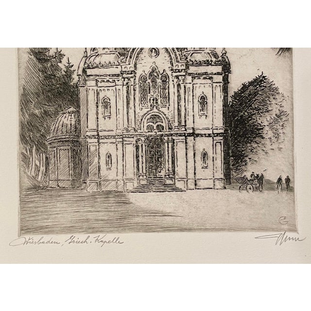 1960s etching of St. Elizabeth's Russian Orthodox Church in Wiesbaden, Germany. Illegibly signed and titled. Sheet: 13.5 x...