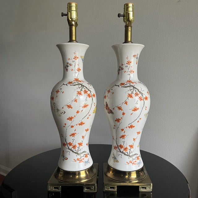 1960's Ceramic Lamps Chinoiserie Cherry Blossom & Butterfly - A Pair For Sale - Image 9 of 11