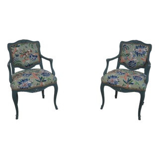 Pair Petite French Greenish Blue Painted Armchairs For Sale