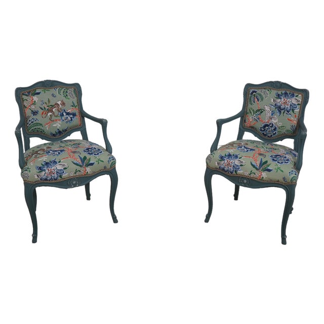 Pair Petite French Greenish Blue Painted Armchairs For Sale
